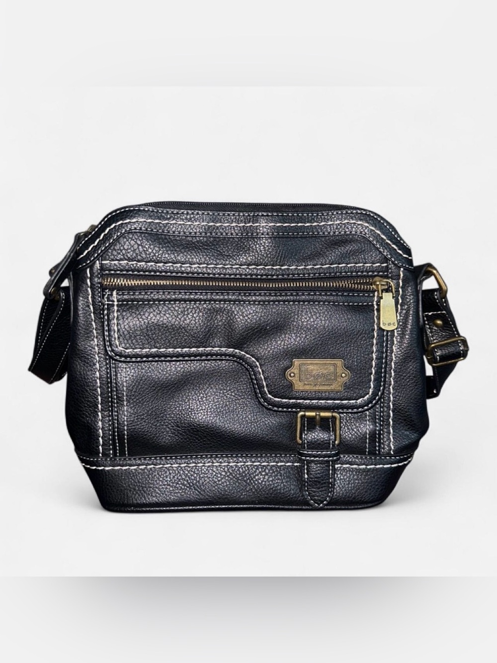 b.o.c. Black Pebbled Leather Crossbody Bag with Brass Accents